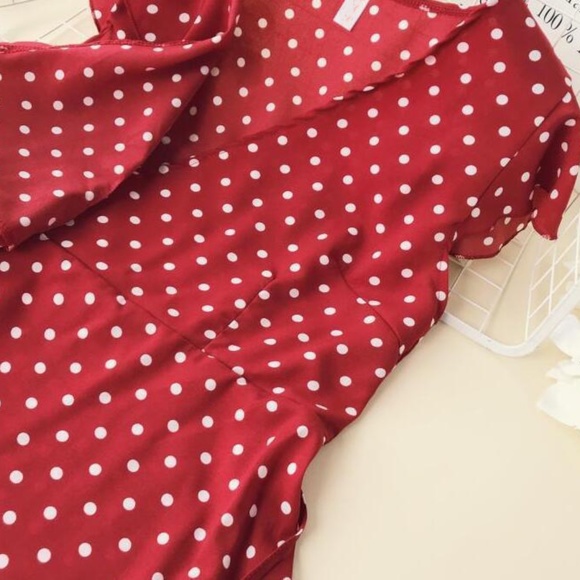 Polka Dot Ruffle Trim Wrap Burgundy Mini Dress - Picture 13 of 16